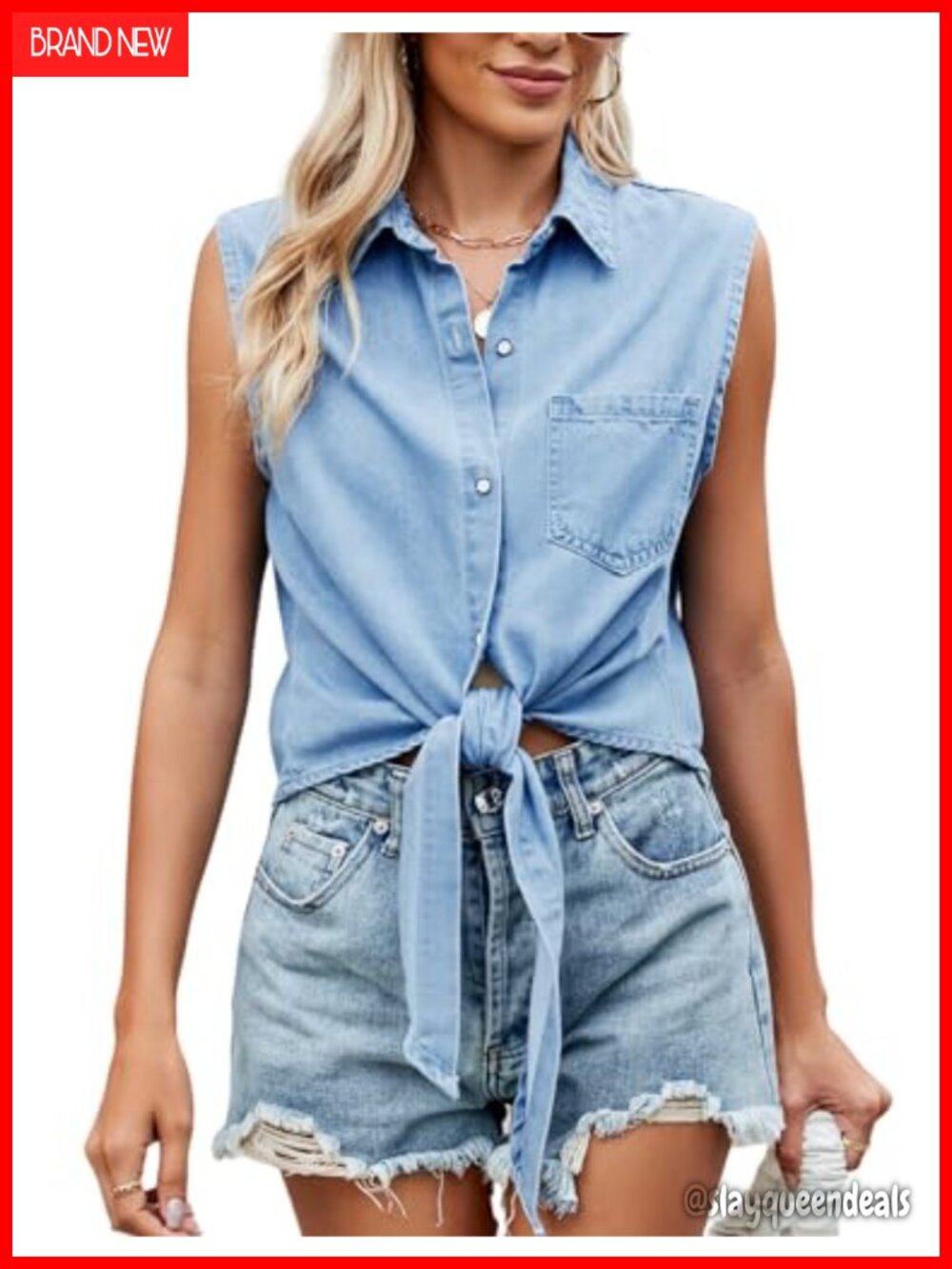 Sleeveless Button Down Denim Chambray Tie Front Tank Top Women Summer